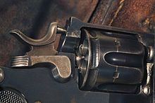 Details of a Schmidt M1882, showing the hammer, chambers for the ammunition in the cylinder, and the mechanism to rotate the cylinder. Revolver of the Gendarmerie of Vaud, on display at Morges castle museum Revolver modele 1882 IMG 3070.jpg