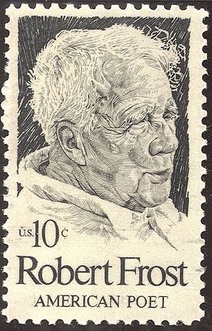 A U.S stamp with the picture of the poet Rober...