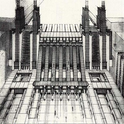 Эскиз станции для аэропланов и поездов сделанный Сант’Элиа в серии La Città Nuova, 1914.