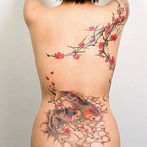 English: Freehand cherry blossoms and koi fish...