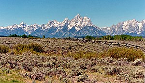 The Teton Mountain Range in Wyoming, a subset of the Rocky Mountains Teton Range 1986.jpeg