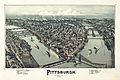 Image 8 Pittsburgh, Pennsylvania Lithograph: Thaddeus Mortimer Fowler; restoration: Adam Cuerden A bird's eye view of Pittsburgh, Pennsylvania, in a 1902 lithograph by Thaddeus Mortimer Fowler. At this point in its history, Pittsburgh was an industrial and commercial powerhouse, with extensive railroad connections to the rest of the United States. Together with the rest of Allegheny County, it produced massive amounts of steel and steel products: by 1911 they reached 24% of the national output of pig iron, 34% of Bessemer steel, 44% of open hearth steel, 53% of crucible steel, 24% of steel rail, and 59% of structural shape. More selected pictures