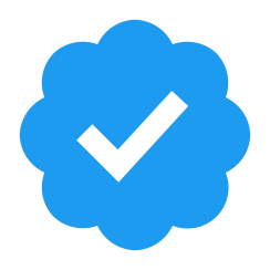 Blue eight-lobed badge with checkmark icon.