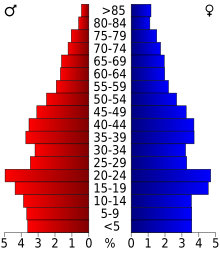 Schéma représentant la population du comté, par tranche d'âge. En rouge, à gauche, les femmes, en bleu à droite, les hommes.