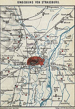 carte en langue allemande montrant la localisation des forts autour de Strasbourg