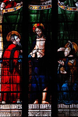 Chapelle de Notre-Dame d'Auch : Jésus-Christ ressuscité prend la main de saint Thomas pour lui faire constater ses plaies et touche de sa main gauche le front de sainte Marie Madeleine.