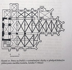 Храм Святого Петра с означенными остатками а возможными планами прежнего храма. Рисунок Ф. Менцл