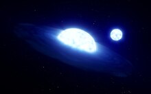 Ilustracja. Dwie białe gwiazdy widziane z bliska, jedną z nich otacza dysk materii.