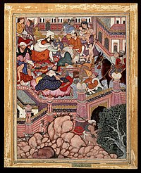 Umar, disfrazado de Mazmahil el Cirujano, practica la charlatanería sobre los hechiceros de Antali, c. 1570.[27]​