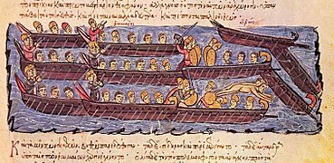Batalla naval en Constantinopla Bizancio, en el año 941. Anónimo del siglo XII, en la Sinopsis de la historia de Juan Skylitzes. Biblioteca Nacional de España.