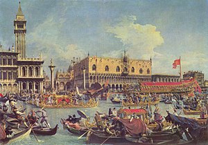 Antonio Canal (Canaletto): Ulazak Bucintorea u venecijansku luku, 1730. Ulje na platnu, 182 × 259 cm Gemeentemuseum, Den Haag, Nizozemska
