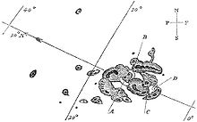 Richard Carrington's sketch of the first recorded solar flare (A and B mark the initial bright points which moved over the course of five minutes to C and D before disappearing) Carrington Richard sunspots 1859.jpg