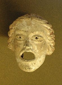 Courtesan mask of the New Comedy, number 39 on the Julius Pollux list, 3rd or 2nd century BC, Louvre. Courtesan mask Louvre MI58.jpg