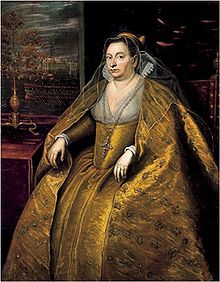 Old portrait of a seated woman dressed in gold with a gold cloak, a veil, and a cross hanging from a necklace