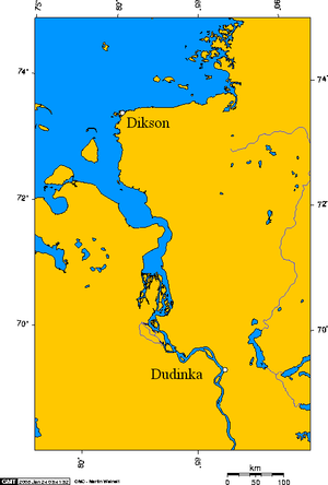 Jenisseigolf mit von Süden an Dudinka vorbeifließendem Jenissei und nördlicher Gemeinde Dikson