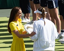Presenting the ladies' singles trophy to Elena Rybakina at the 2022 Wimbledon Championships Elena Rybakina & Catherine, Duchess of Cambridge (52206418833).jpg