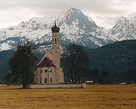 Bavarian church with Alps in the background