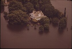 A white house with prominent dormers on the roof surrounded by trees which are flooded and surrounded by water.