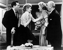 The cast of I Love Lucy (L-R): Desi Arnaz, Lucille Ball, Vivian Vance, and William Frawley. I Love Lucy has spent over 60 years in reruns after it ended in 1957. I Love Lucy 1955.JPG