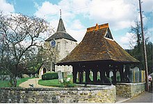 St Michael's Church and lychgate, viewed from the south west. Lychgate, Mickleham - geograph.org.uk - 251173.jpg