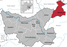 Läget för staden Marsberg i Hochsauerlandkreis