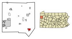 Location of Grove City in Mercer County, Pennsylvania (left) and of Mercer County in Pennsylvania (right)