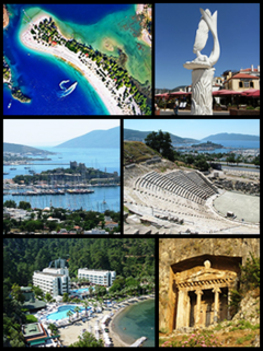 Top left: Ölüdeniz, Top right: A sculpture in Marmaris, Middle left: Castle of St. Peter in Bodrum, Middle right: Halicarnassus Theatre, Bottom left: Otel Turunç, Bottom right: Tomb of Amyntas.