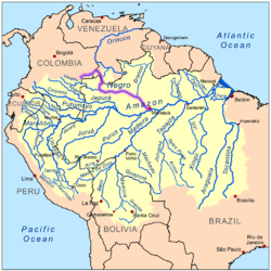 Rio Negro korostettuna Amazonin valuma-alueen kartalla.