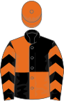 Black and orange (quartered), orange and black chevrons on sleeves, orange cap