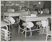 Écoliers accroupis sous leurs bureaux durant un exercice de protection civile en 1962