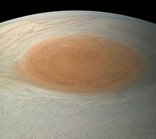 Close-up of the Great Red Spot imaged by the Juno spacecraft in true colour. Due to the way Juno takes photographs, stitched image has extreme barrel distortion. PIA21775.jpg