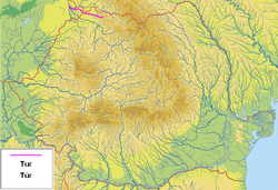 Túr na mapě Rumunska (vyznačen růžově)