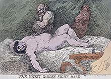 Gravure à l'eau-forte colorée représentant l'homme politique britannique Charles James Fox sous la forme d'un démon assis sur la poitrine d'une femme nue, endormie renversée sur sa couche. La scène parodie celle de la toile de Füssli, mais inversée, jusque et y compris la présence du cheval fantomatique qui passe sa tête à travers le rideau qui forme l'arrière-plan.