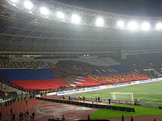 Faixa representando o urso russo, sem a presença de torcedores do futebol russo (está escrito: "Vá em frente, Rússia!").