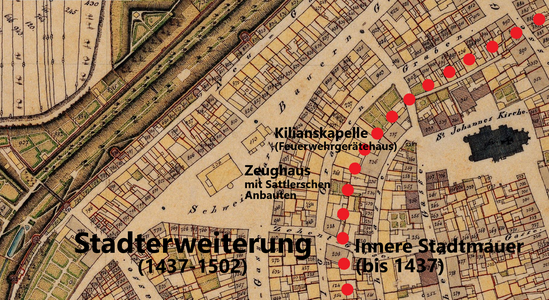 Bayerisches Urkataster 1808–1864. Zeughaus mit sog. Sattlerschen Anbauten (Nr. 236) und ehem. Kilianskapelle, seit 1852 Feuerwehrgerätehaus (Nr. 173). Um 1860
