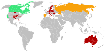 A world map depicting countries and states in which salvia sales are restricted. The map indicates that salvia is banned in Australia, Belgium, Croatia, Denmark, Germany, Italy, Lithuania, Poland, Romania, Sweden and the U.S. states of Delaware, Florida, Kansas, Illinois, Louisiana, Mississippi, Missouri, North Dakota, Ohio, Oklahoma, South Dakota, Tennessee and Virginia. It shows that imports and sales of salvia is restricted in Spain and Russia, and that Canada and the U.S. states of California and Maine restrict sale of salvia to adults.
