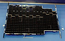 Solar panels of the spare rover, Marie Curie. See also batteries installed on the rover. Solar battery of the Sojourner rover.jpg
