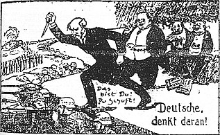 1924 political cartoon showing Philipp Scheidemann and Matthias Erzberger stabbing the German army in the back. The caption reads, "Germans, remember!" and between Scheidemann's legs, "That's you, you scoundrel!" Note the swastika on the helmet of the soldier below Scheidemann's knife. Stab-in-the-back cartoon 1924.jpg