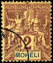 A 1906 Comorian postage stamp in French. The Comoros was a colony of France at the time. Stamp Moheli 1906 2c.jpg