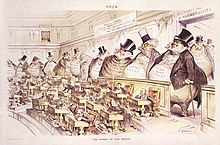 "The Bosses of the Senate", corporate interests as giant money bags looming over U.S. senators The Bosses of the Senate by Joseph Keppler.jpg