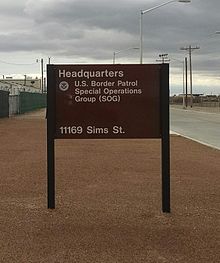 Sign for U.S. Border Patrol Special Operations Group on Biggs Army Airfield, Fort Bliss, El Paso, Texas US Border Patrol Special Operations HQ.jpg