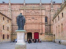 Facade of the University of Salamanca in which Francisco de Vitoria created the School of Salamanca and developed theories about international law. Fachada de la Universidad de Salamanca.jpg