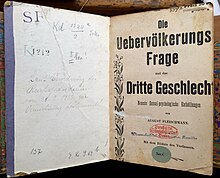 Vita homosexualis, a 1902 collection of August Fleischmann's popular pamphlets on the third sex and against SS175 - a copy from the library of the Wissenschaftlich-humanitares Komitee, confiscated on 6 May 1933, annotated on the endpaper: "Destined for destruction in accordance with the Reichspresident's decree of 28 February 1933!" and hidden from the public (label "Secr.") as Nazi plunder at the Prussian State Library. Vitahomosexualis.JPG