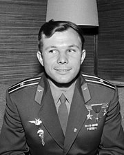Yuri Gagarin was the first human being to travel in space Yuri Gagarin (1961) - Restoration.jpg