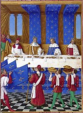 Banquet given in Paris in 1378 by Charles V of France (second from right) for Charles IV, Holy Roman Emperor (left), and his son Wenceslaus, King of the Romans. Each diner has two knives, a salt cellar, a napkin, bread and a plate (Banquet de Charles V le Sage, by Jean Fouquet, around 1455-60). Banquet de Charles V le Sage.jpg