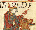 Detalj av Bayeux-teppet. Teppet er brodert med leggsøm, en broderiteknikk som er typisk for den europeiske middelalderen.