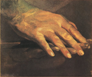 《貝多芬的手》，1827年3月28日，貝多芬逝世後兩天，由畫家J.單豪瑟（Danhauser）所繪之油畫。畫中可見貝多芬手握十字架。