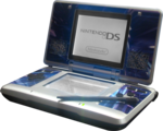 The Nintendo DS, with a blue sticker on it.