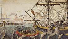 The December 16, 1773 Boston Tea Party, led by Samuel Adams and Sons of Liberty, has become a mainstay of American patriotic lore. Boston Tea Party w.jpg