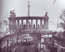 The Budapest M1, at the end of the tunnel at Heroes' square, at its inauguration year in 1896 Budapest metro Heroes square.jpg